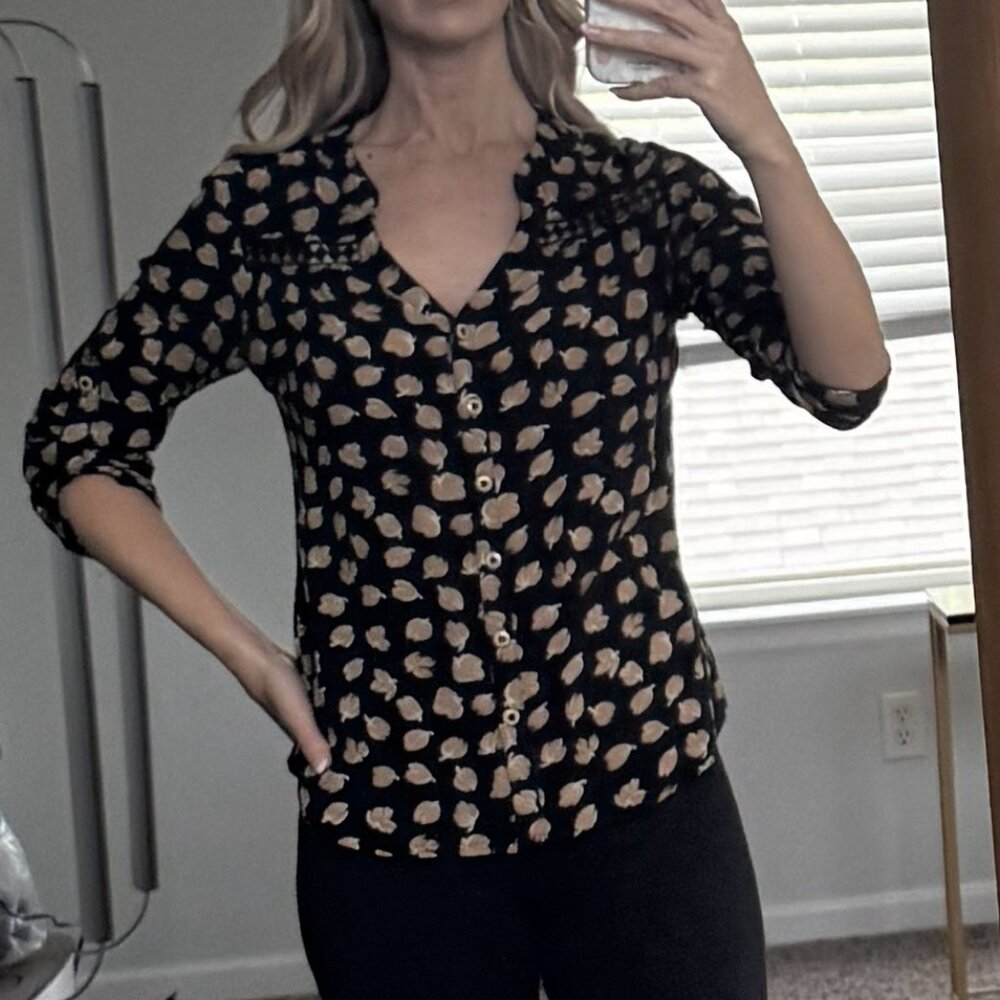 Black Design Print Button-Up Top